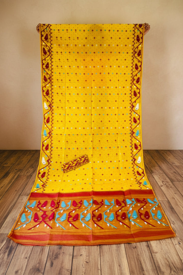 Boisakhi Din-Dhakai Jamdani Saree(Yellow Maroon Border)