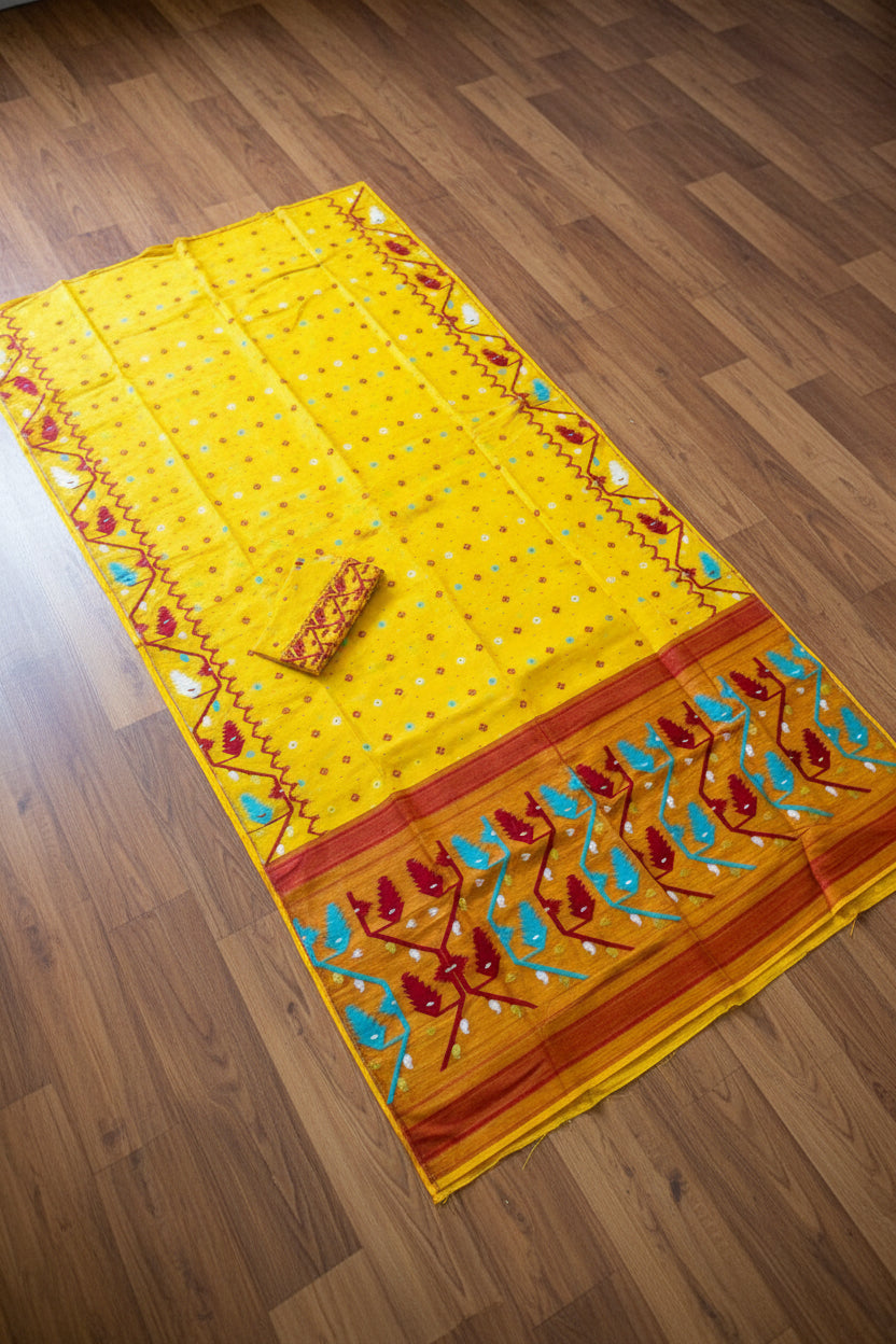 Boisakhi Din-Dhakai Jamdani Saree(Yellow Maroon Border)