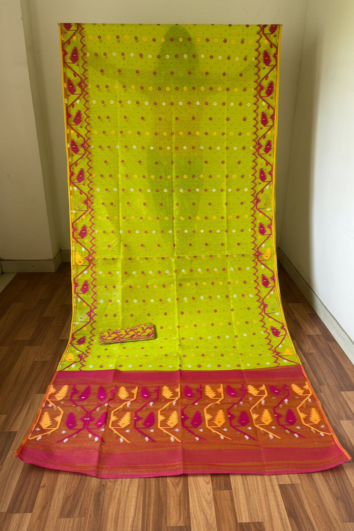 Boisakhi Din-Dhakai Jamdani Saree(Pink Yellow Border)