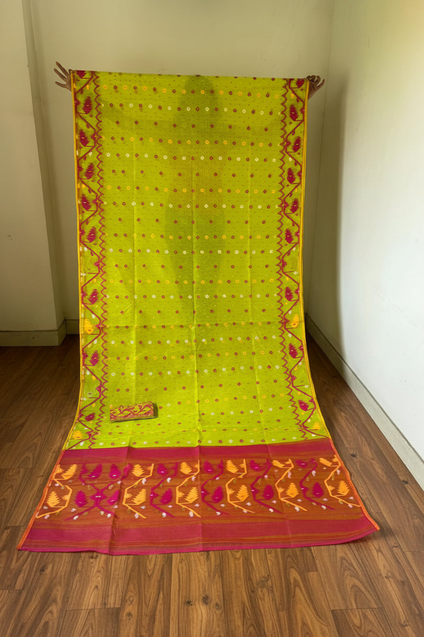 Boisakhi Din-Dhakai Jamdani Saree(Pink Yellow Border)