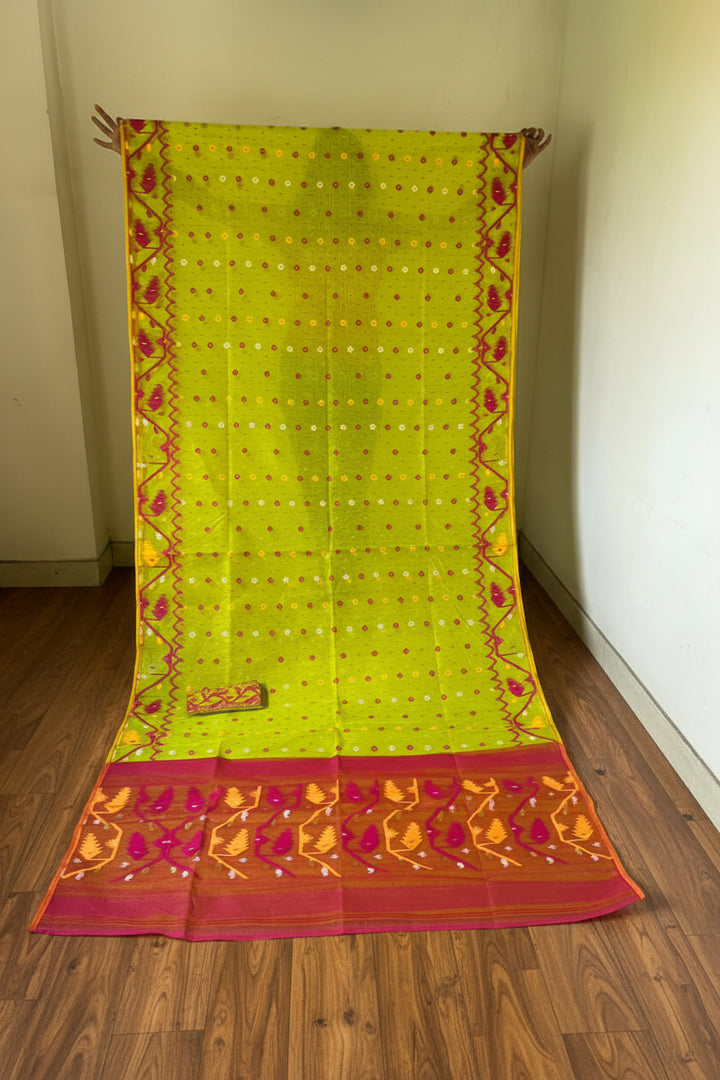 Boisakhi Din-Dhakai Jamdani Saree(Pink Yellow Border)