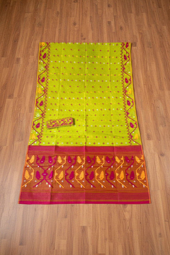 Boisakhi Din-Dhakai Jamdani Saree(Pink Yellow Border)