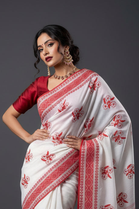 Ashtami Tangail Tant Cotton Saree(Flower Bouquet Embroidery)
