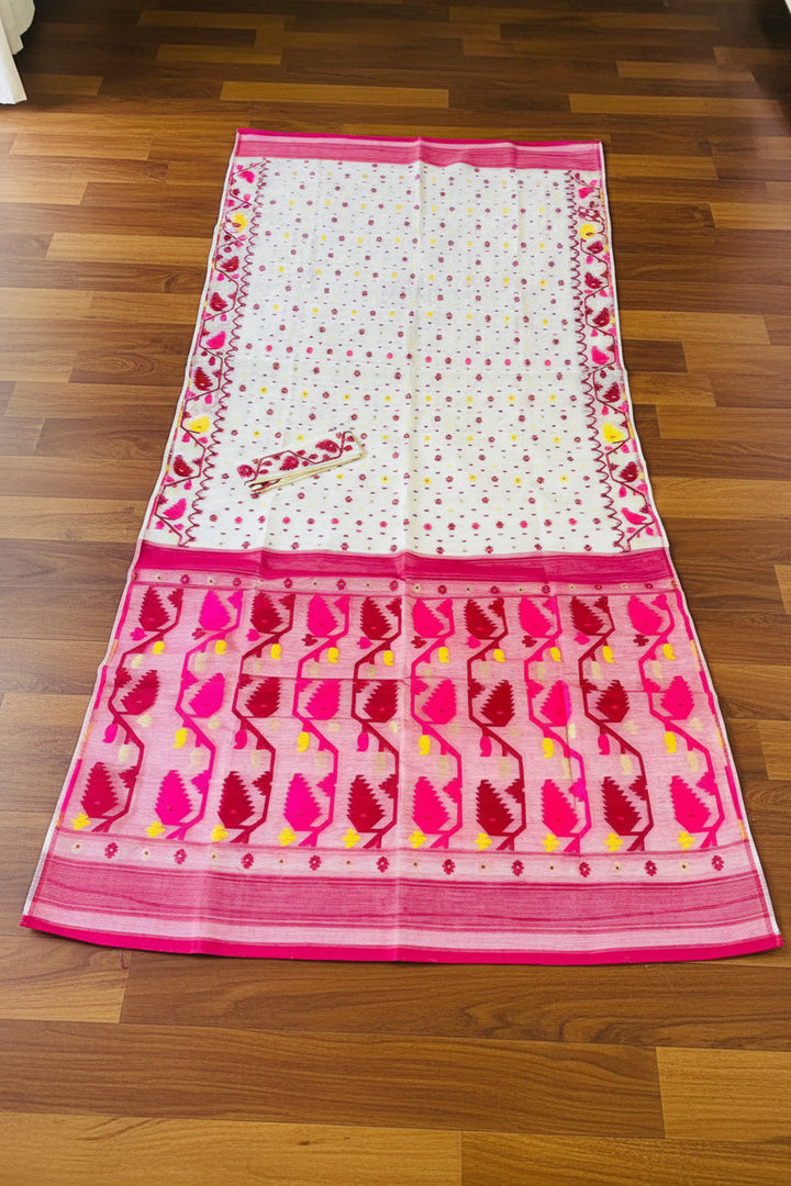 Boisakhi Din-Dhakai Jamdani Saree(Maroon pink  Border)