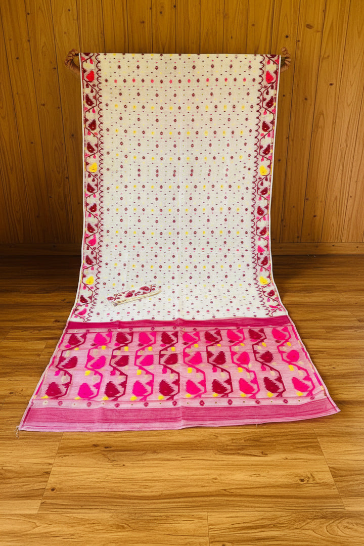 Boisakhi Din-Dhakai Jamdani Saree(Maroon pink  Border)