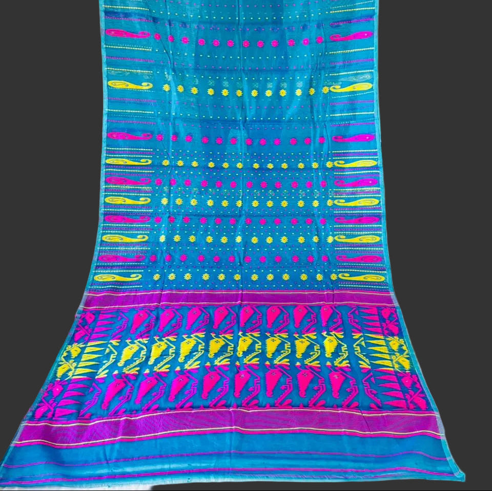 Moner Alo-Bengal Jamdani Saree (Deep Sky Pink Yellow Border)