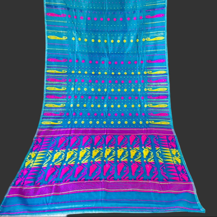 Moner Alo-Bengal Jamdani Saree (Deep Sky Pink Yellow Border)
