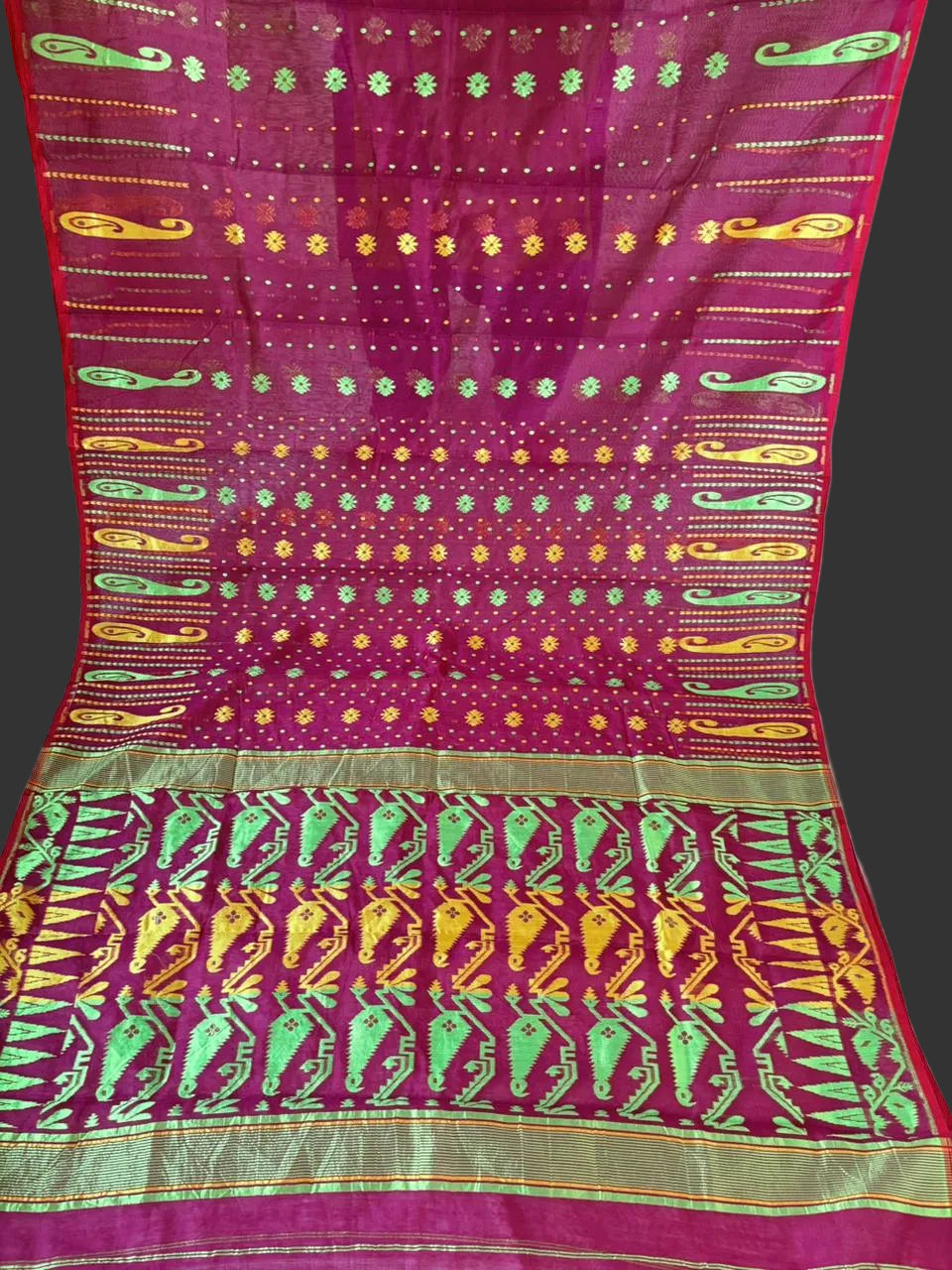 Moner Alo-Bengal Jamdani Saree (Green Yellow Border)