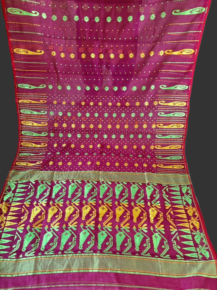 Moner Alo-Bengal Jamdani Saree (Green Yellow Border)
