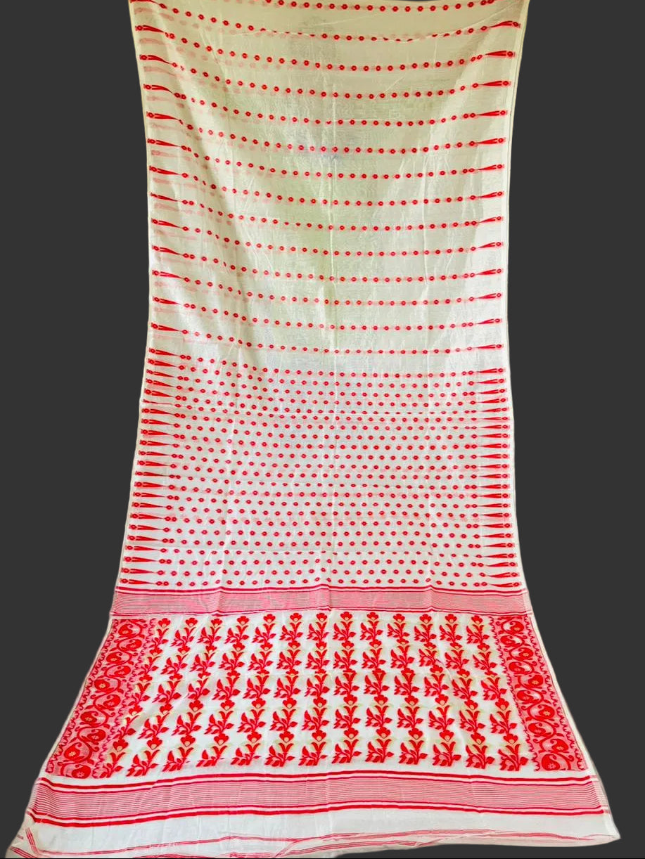 Moner Alo-Bengal Jamdani Saree (White Saree Red Border)