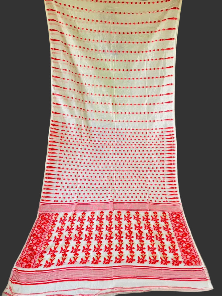 Moner Alo-Bengal Jamdani Saree (White Saree Red Border)