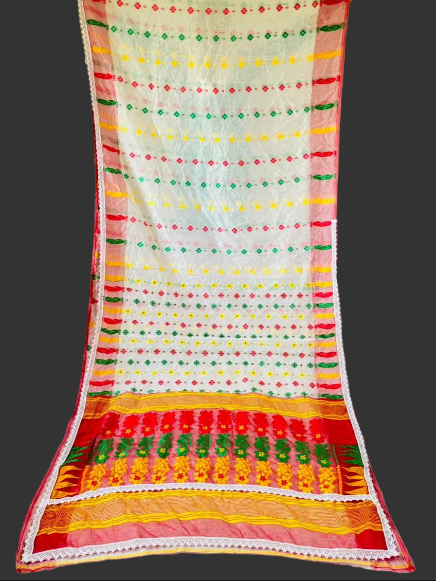 Binodini Bengal Jamdani Saree (White, Red Border)