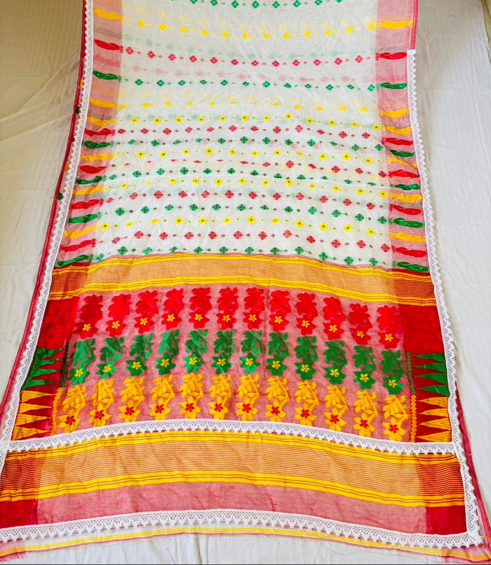 Binodini Bengal Jamdani Saree (White, Red Border)