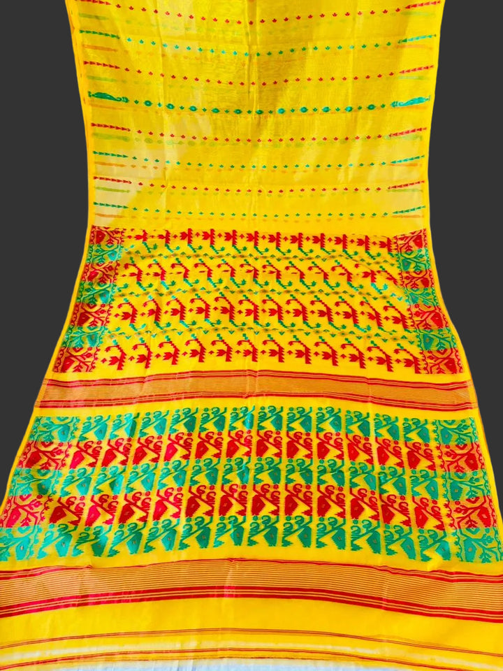 Moner Alo-Bengal Jamdani Saree (Yellow, Red-Green Border)