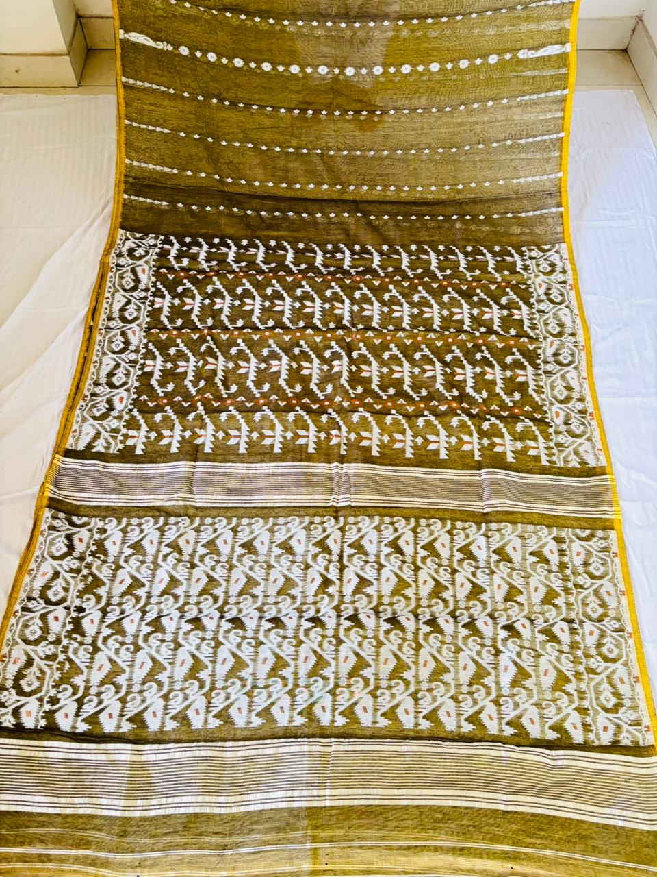 Shatarupa Bengal Jamdani Saree (Olive Green, Yellow Border)