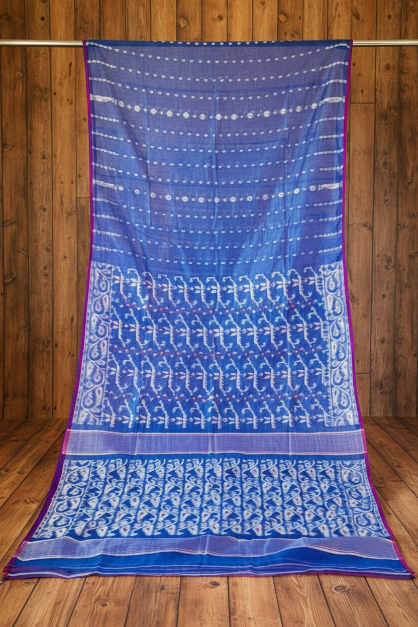 Shatarupa Bengal Jamdani Saree (Blue Saree, Pink Border)