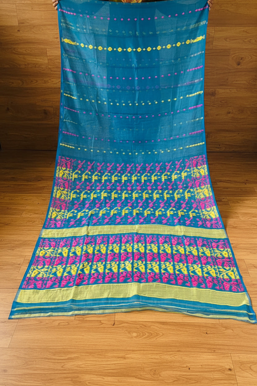Shatarupa Bengal Jamdani Saree(Blue,Pink & Yellow)