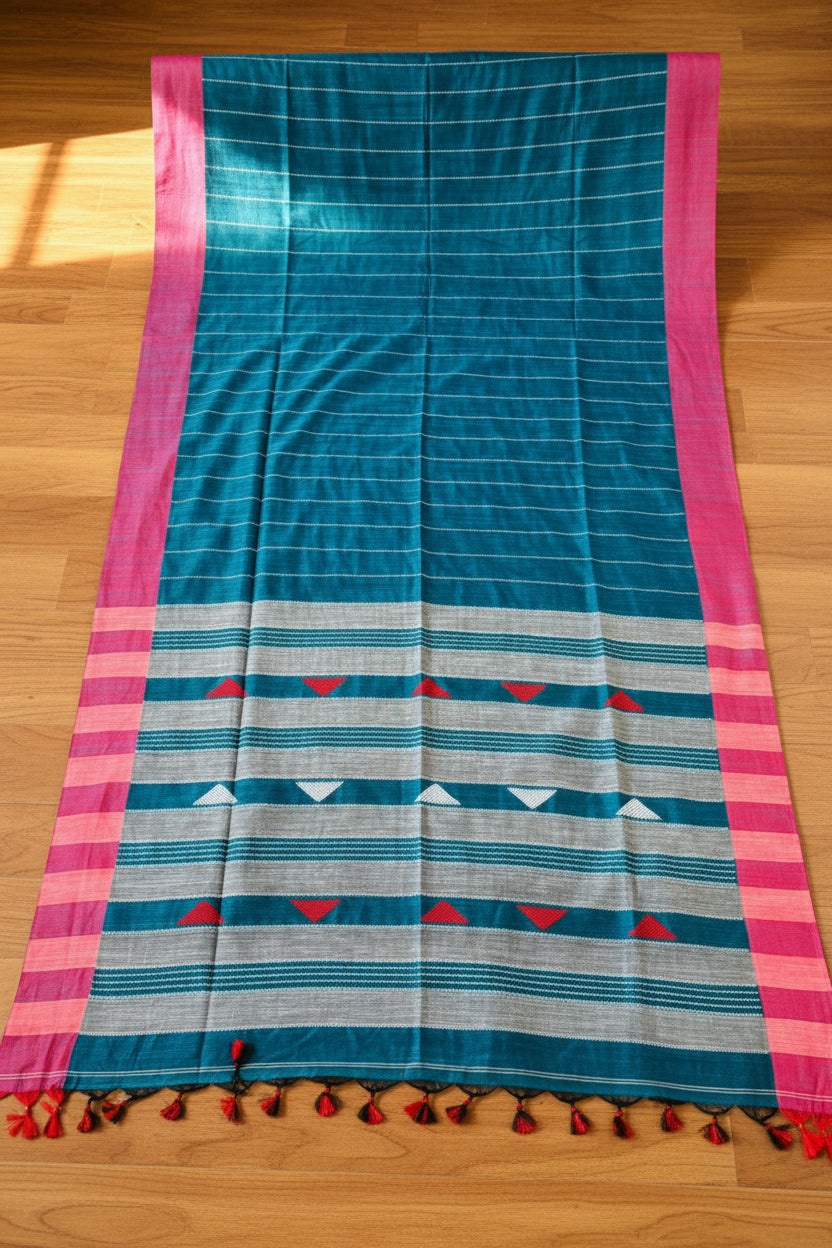 The Royal Drape Cotton Saree (Pink & Blue)