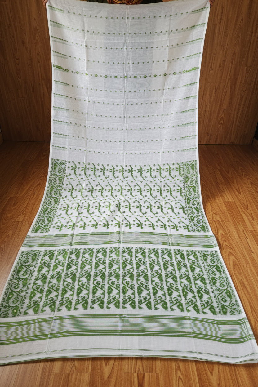 Shatarupa Bengal Jamdani Saree (White & Green )