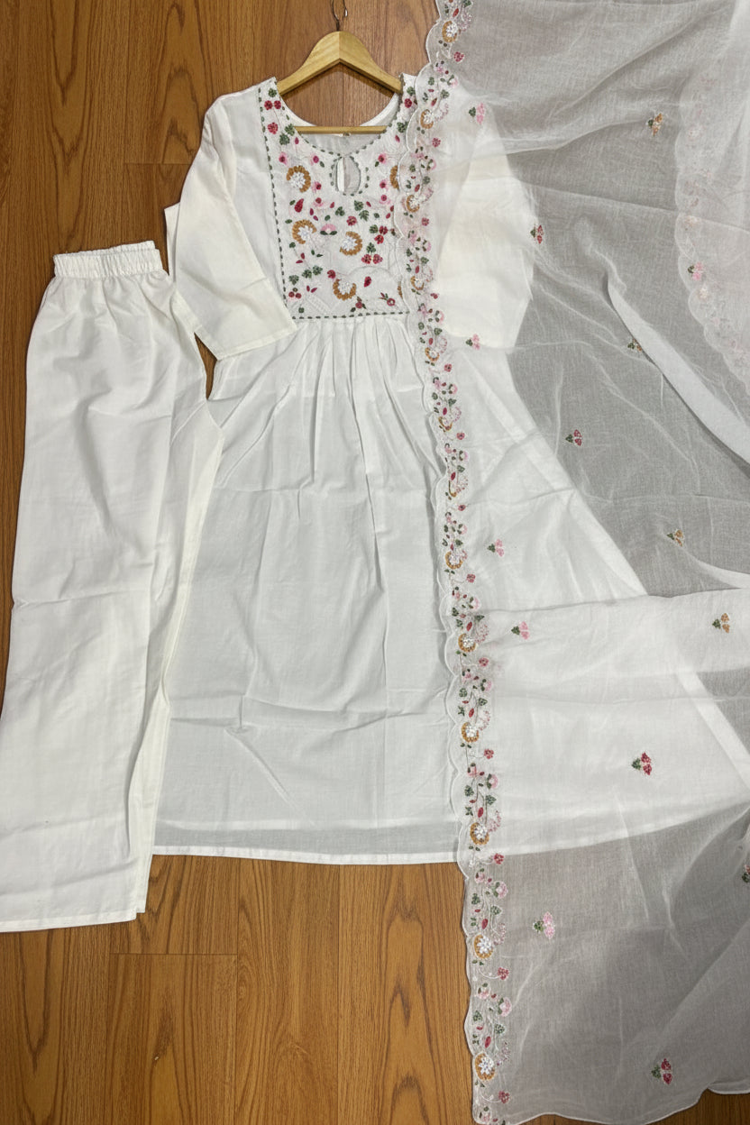 Spring Bloom Cotton Kurti Set( White)