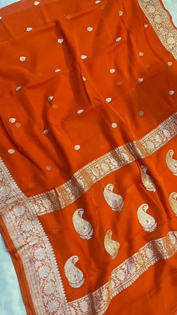 Kesariya Charm Khaddi Chiffon Banarasi Saree