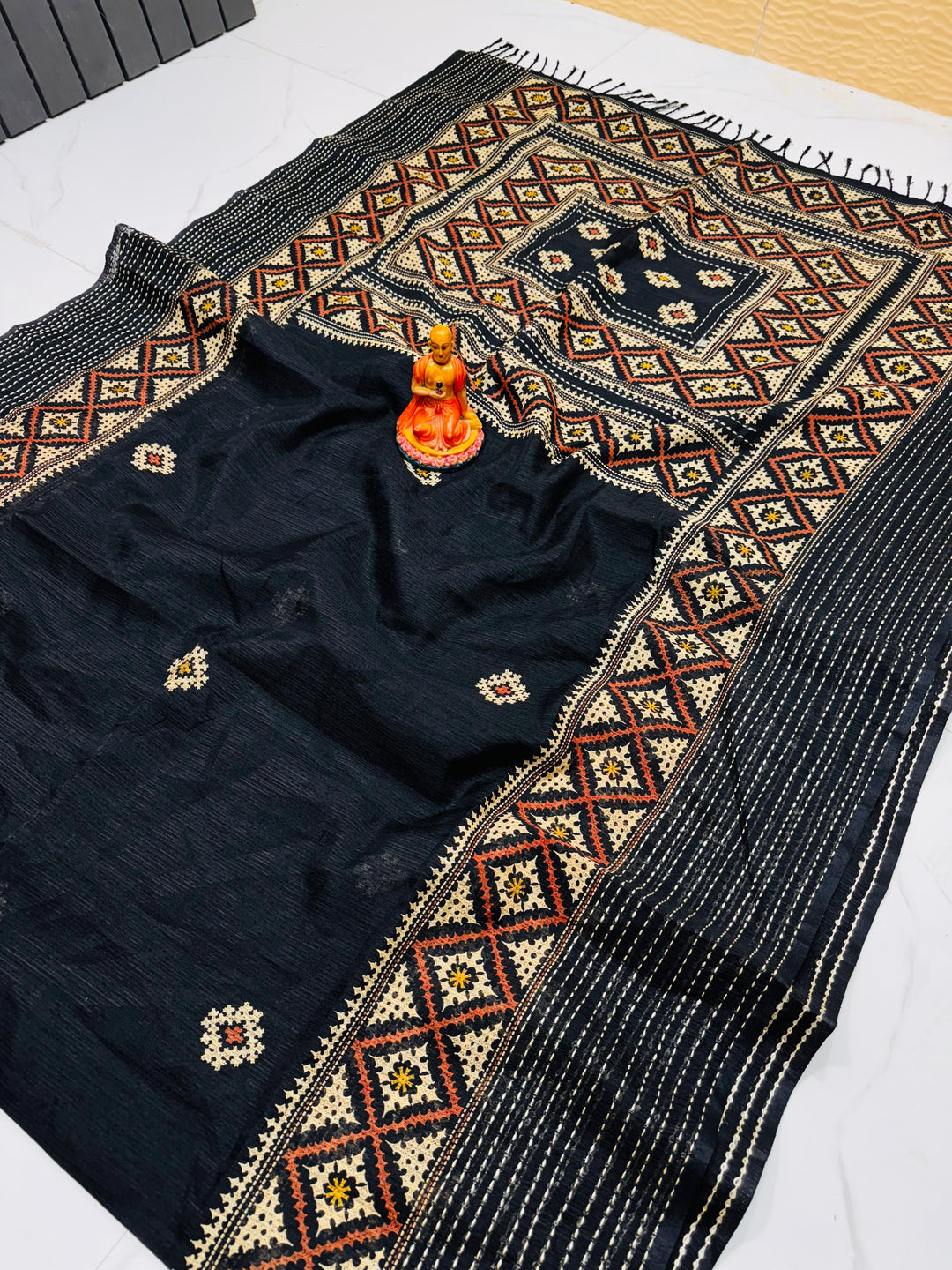 Ruprekha Semi Matka Silk Gujarati Print Kantha Border Saree