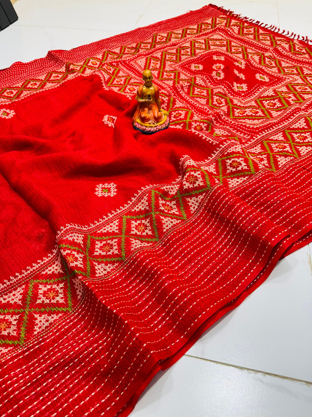 Ruprekha Semi Matka Silk Gujarati Print Kantha Border Saree