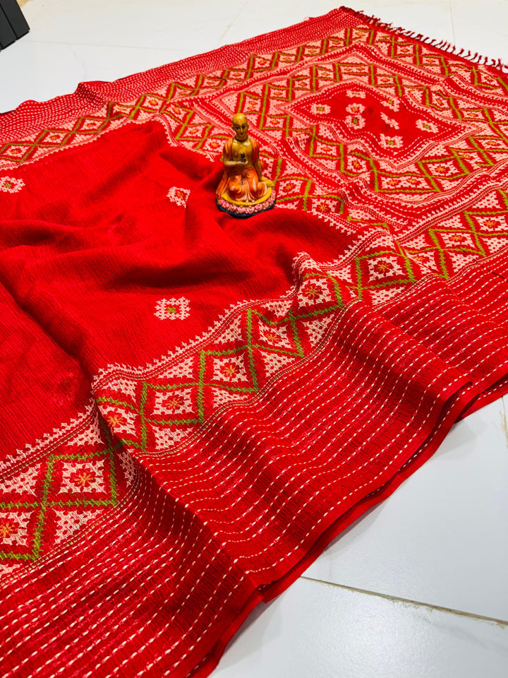Ruprekha Semi Matka Silk Gujarati Print Kantha Border Saree