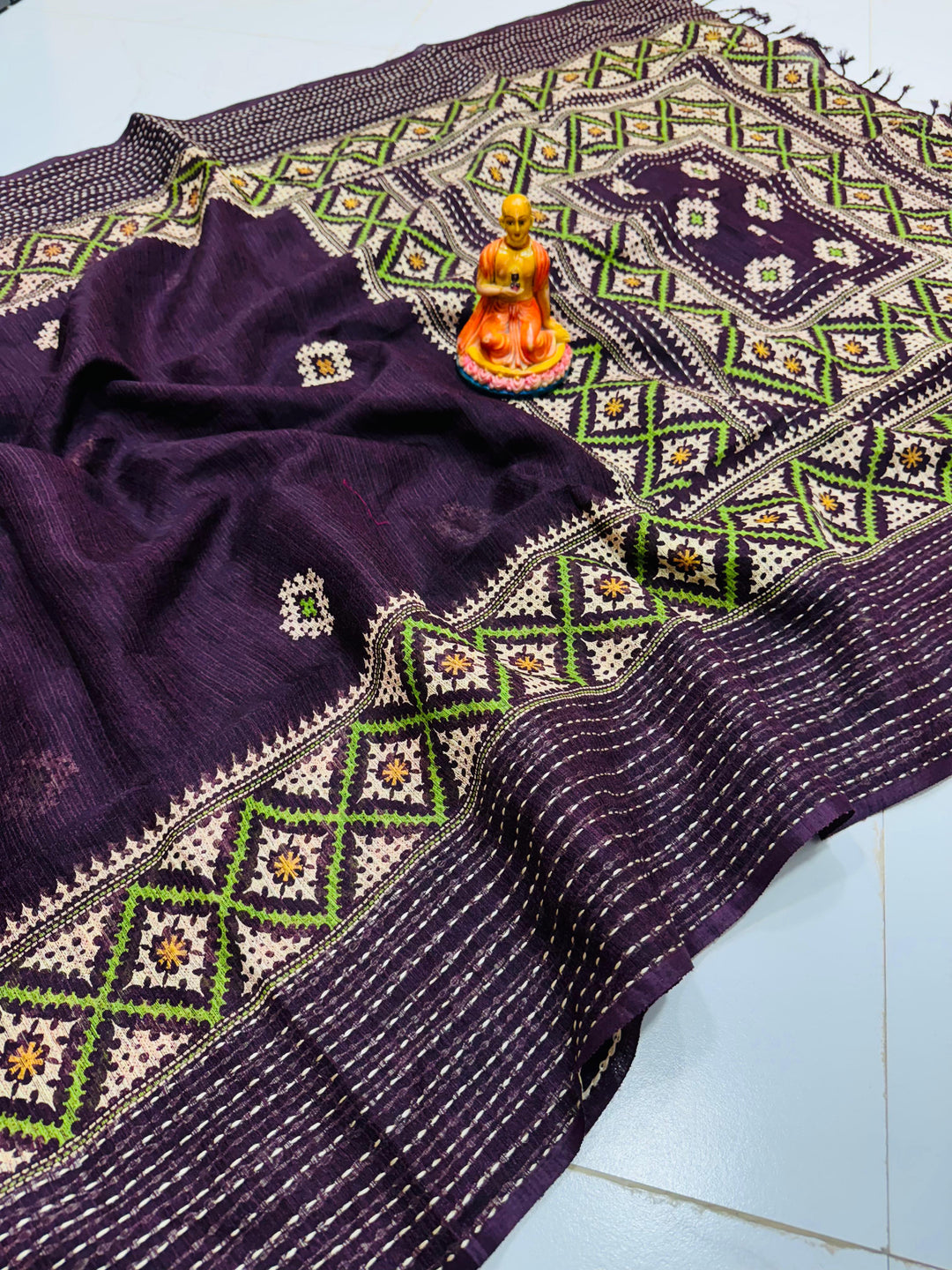 Ruprekha Semi Matka Silk Gujarati Print Kantha Border Saree