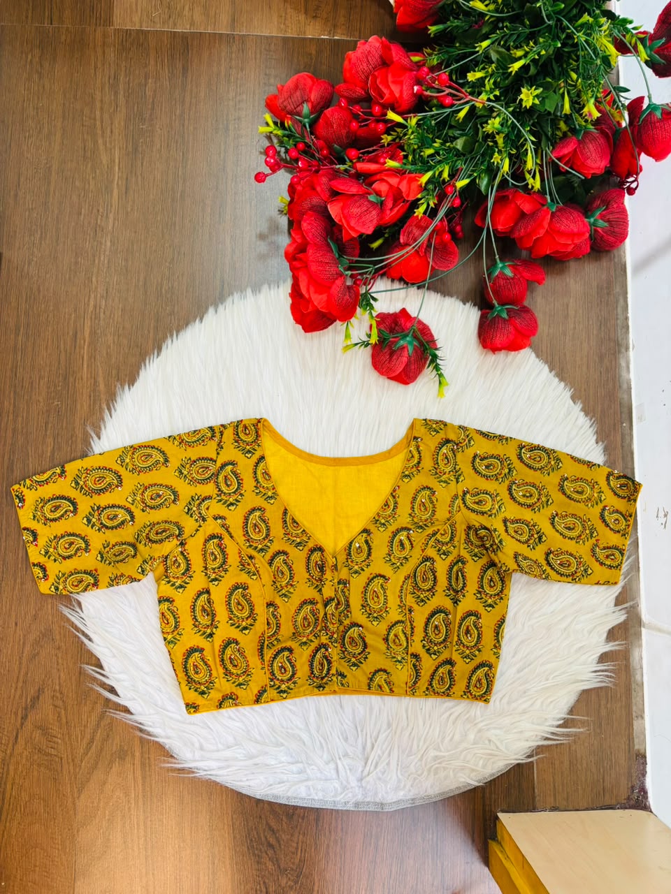 Divine Desire Ajrakh Printed Kantha Embroidered Cotton Blouse