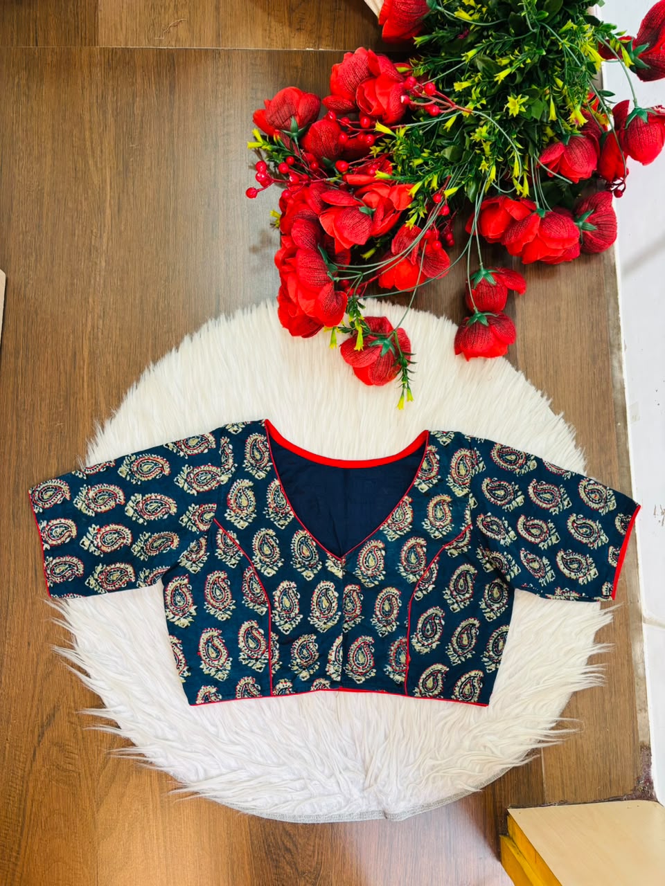 Divine Desire Ajrakh Printed Kantha Embroidered Cotton Blouse