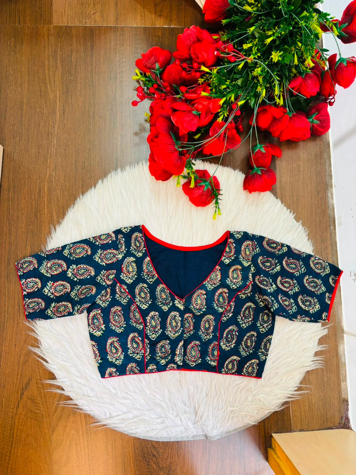 Divine Desire Ajrakh Printed Kantha Embroidered Cotton Blouse