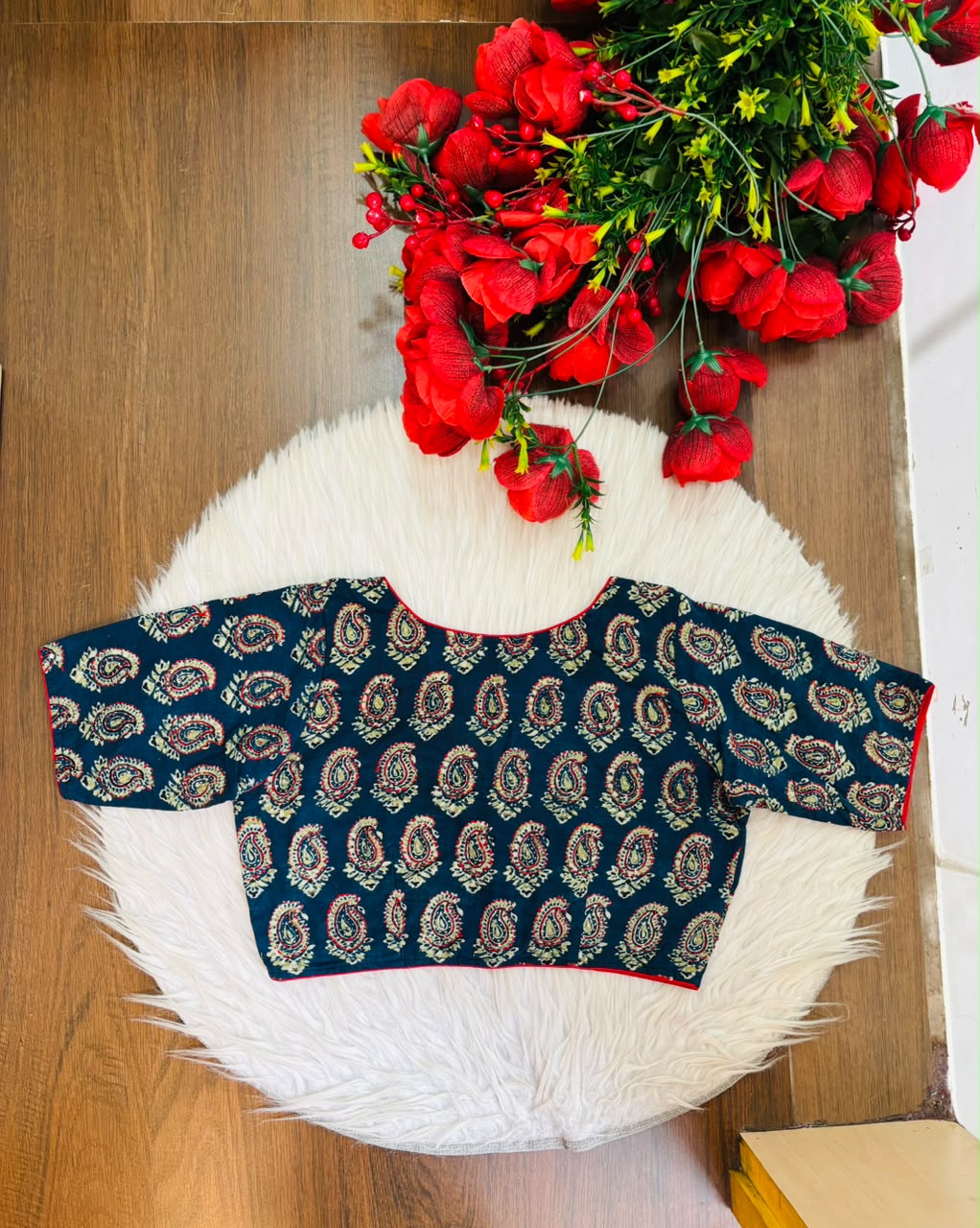 Divine Desire Ajrakh Printed Kantha Embroidered Cotton Blouse
