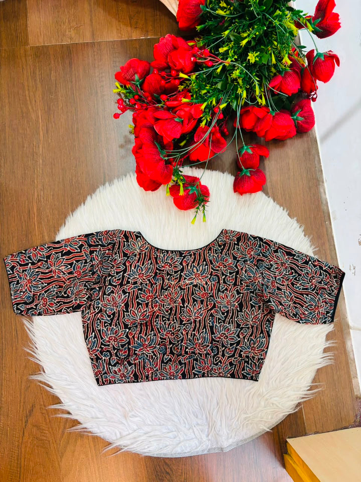 Divine Desire Ajrakh Printed Kantha Embroidered Cotton Blouse