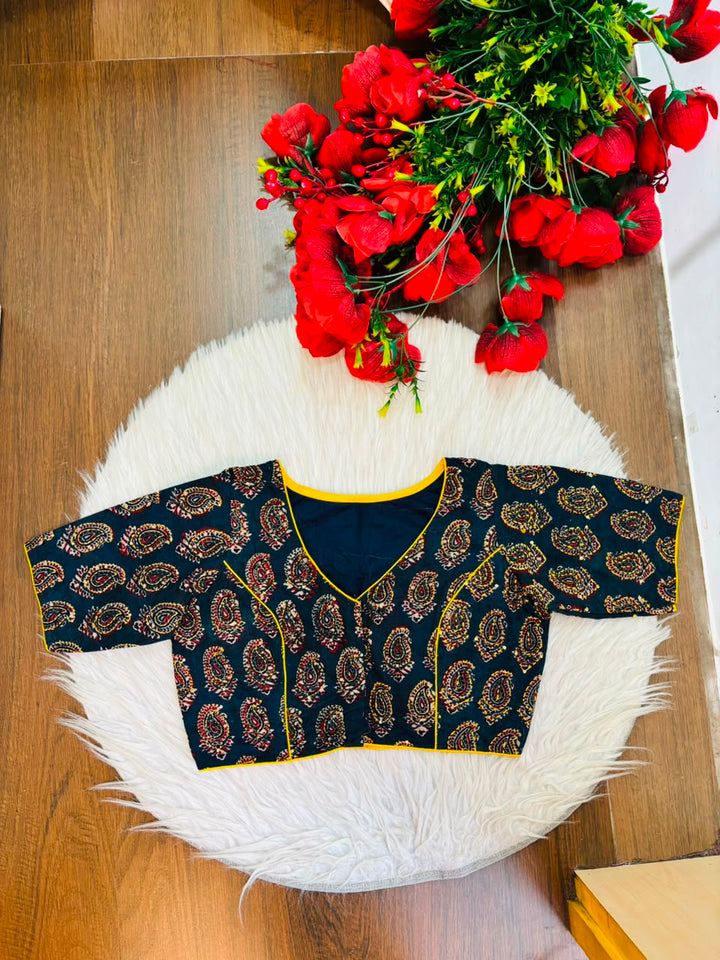 Divine Desire Ajrakh Printed Kantha Embroidered Cotton Blouse