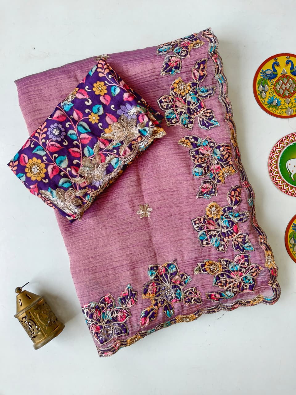 Gulbahar Soft Crush Applique Saree with Cutwork & Sequin Border