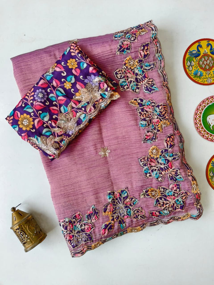 Gulbahar Soft Crush Applique Saree with Cutwork & Sequin Border