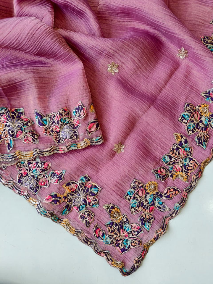 Gulbahar Soft Crush Applique Saree with Cutwork & Sequin Border