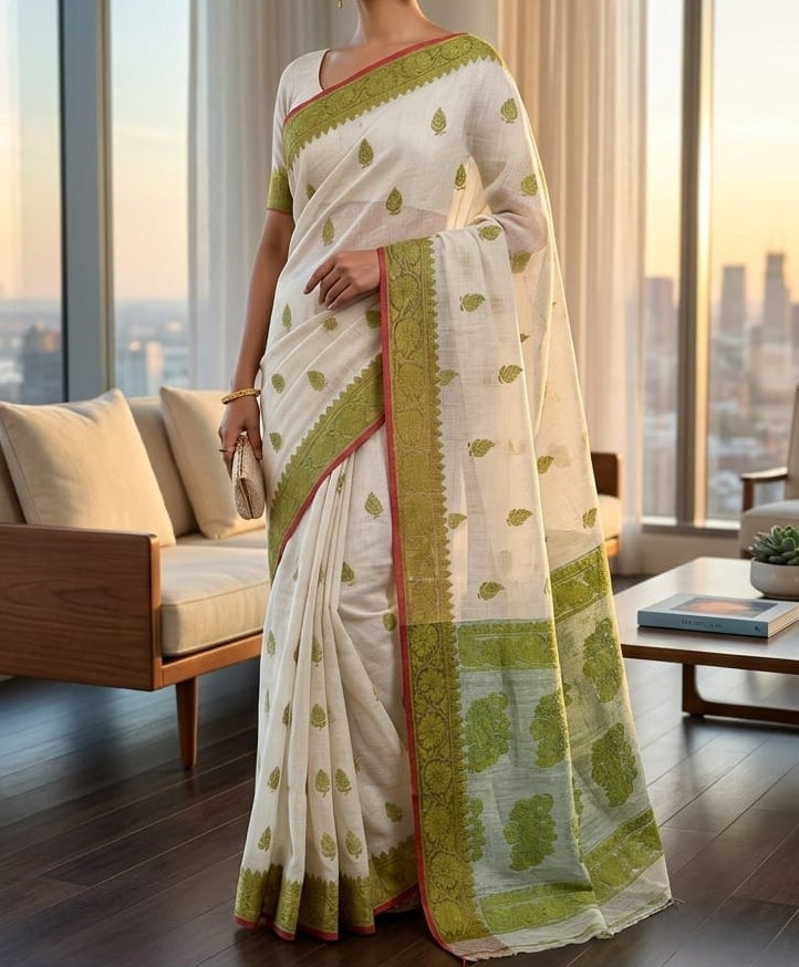 Aabheri Soft Jamdani Saree with Contrast Pallu