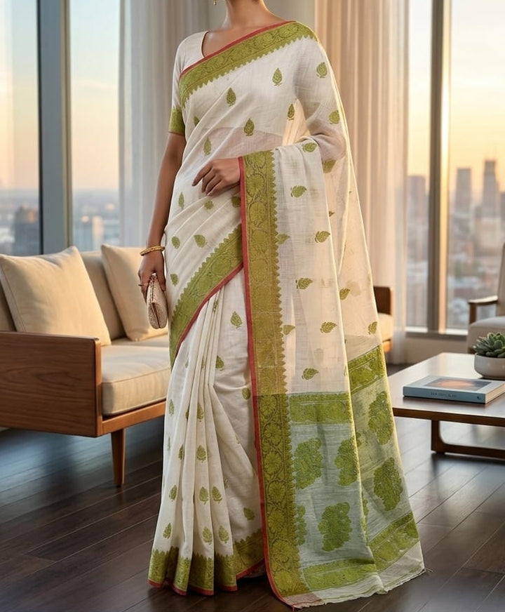 Aabheri Soft Jamdani Saree with Contrast Pallu