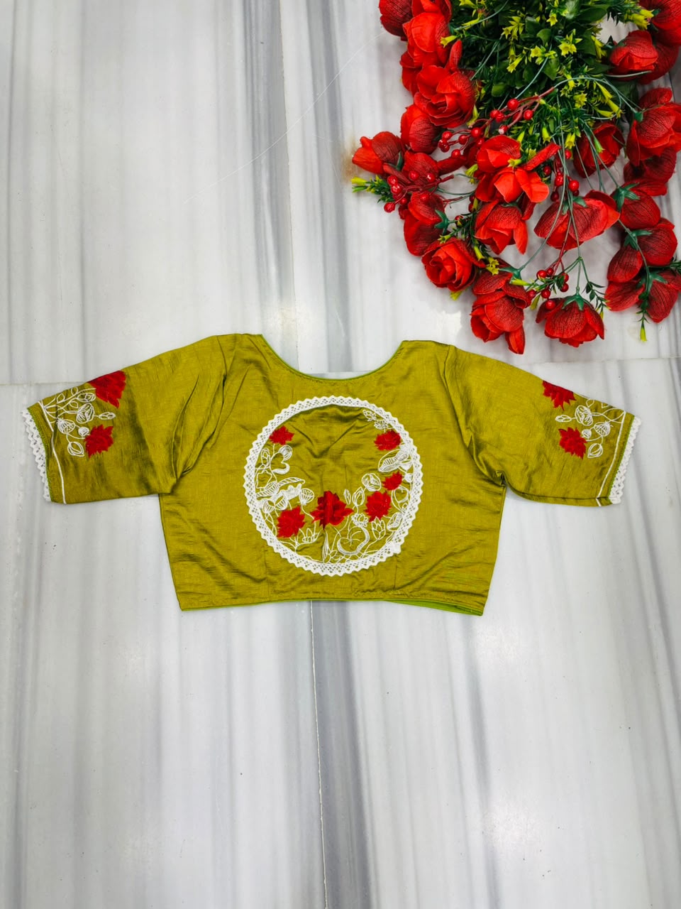 Lotus Of Peace Vichitra Silk Embroidery Blouse