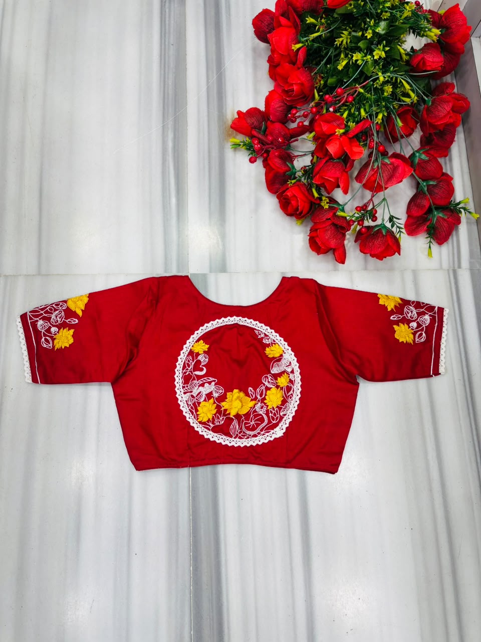 Lotus Of Peace Vichitra Silk Embroidery Blouse