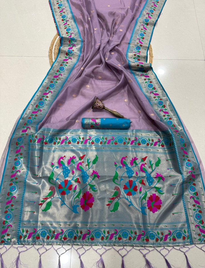 Golden Dew-Organza Silk (Semi) Saree with Minakari Zari Border & Designer Zari Pallu