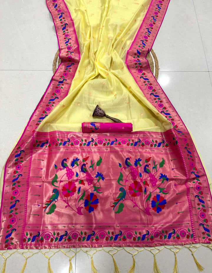 Golden Dew-Organza Silk (Semi) Saree with Minakari Zari Border & Designer Zari Pallu