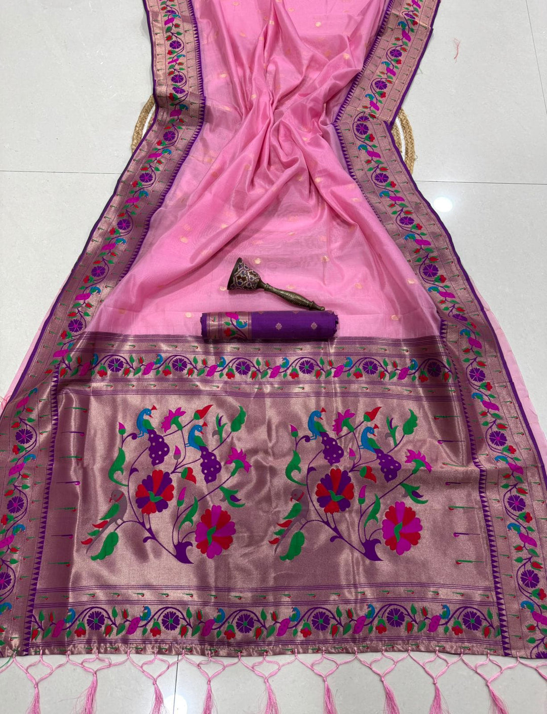 Golden Dew-Organza Silk (Semi) Saree with Minakari Zari Border & Designer Zari Pallu