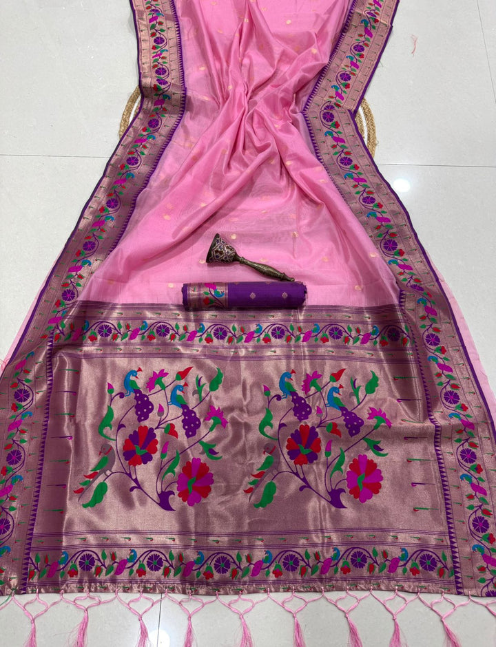 Golden Dew-Organza Silk (Semi) Saree with Minakari Zari Border & Designer Zari Pallu