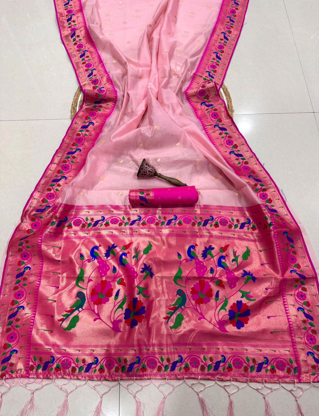 Golden Dew-Organza Silk (Semi) Saree with Minakari Zari Border & Designer Zari Pallu