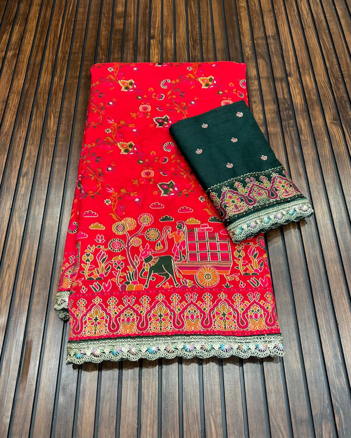 Rajwadi Noor Pashmina Silk Saree with Kashmiri Thread Weaving &amp; Heavy Zari Border
