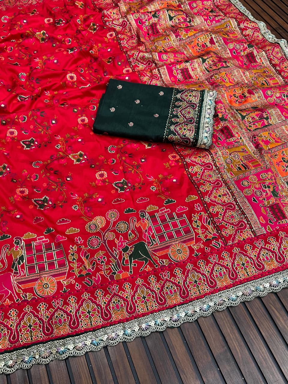 Rajwadi Noor Pashmina Silk Saree with Kashmiri Thread Weaving &amp; Heavy Zari Border