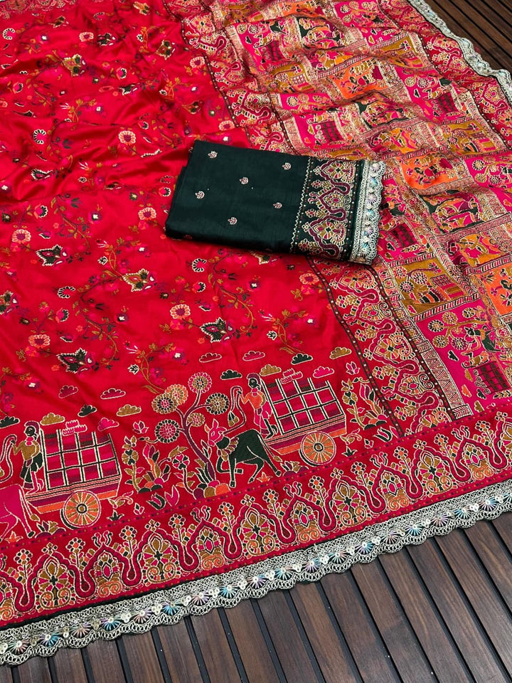 Rajwadi Noor Pashmina Silk Saree with Kashmiri Thread Weaving &amp; Heavy Zari Border
